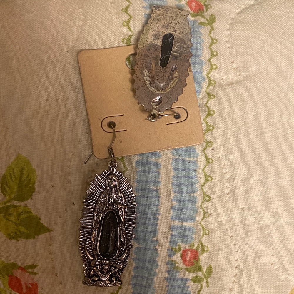 Silver Virgin Mary Dangle Earrings